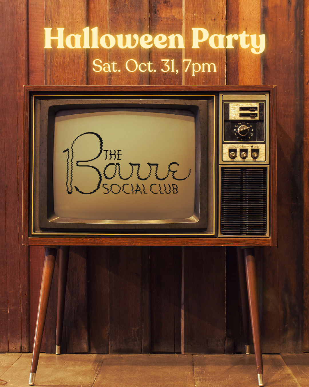 A retro television with the Barre Social Club logo