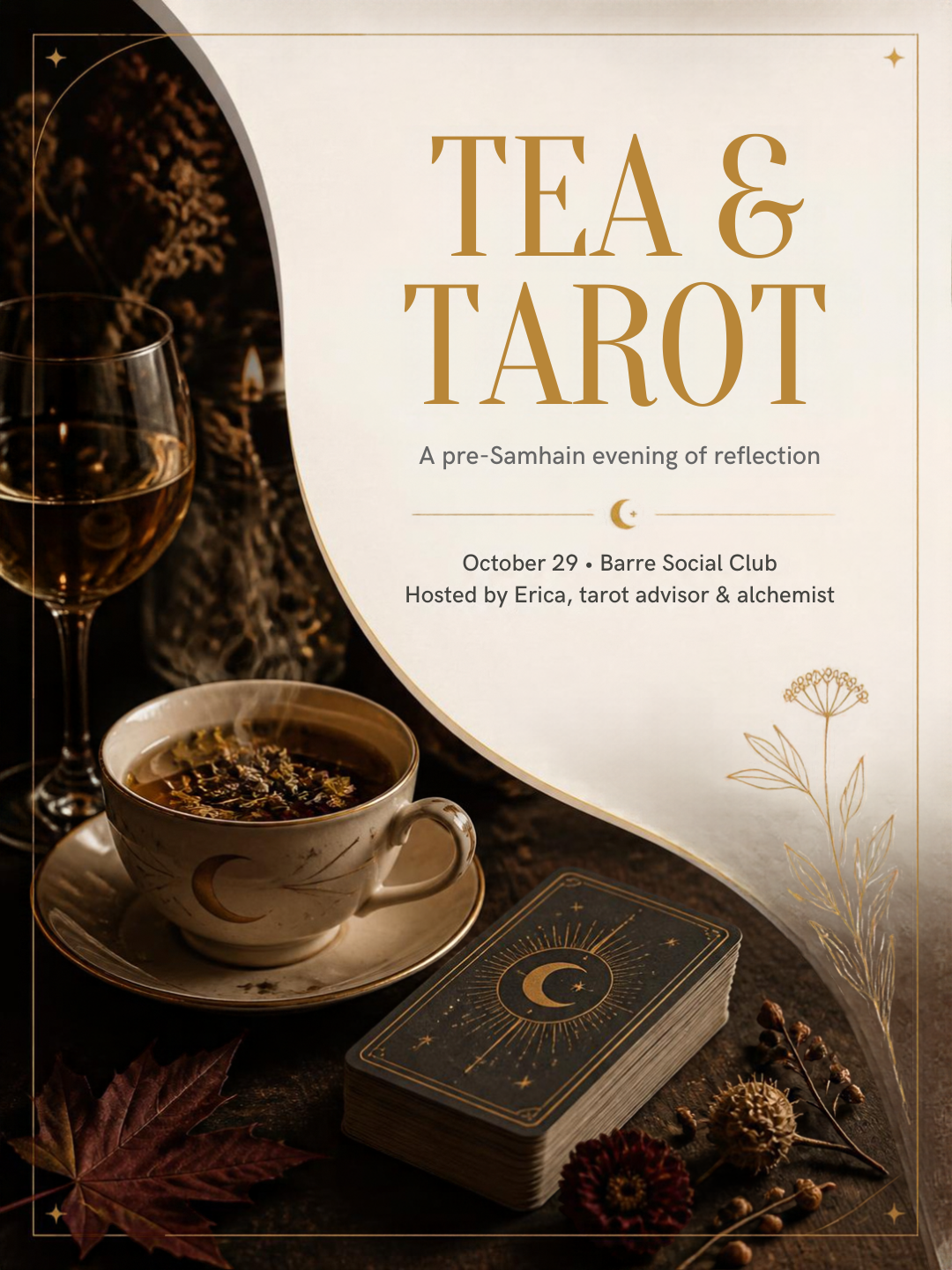 Tea & Tarot, A pre-Samhain evening of reflection, October 29, Hosted by Erica, tarot advisor & alchemist